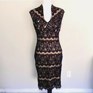 Marina Black Lace Midi Dress Tan Underlay Sleeveless Size 6.